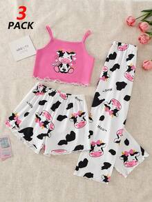 Bộ 3 món cho bé gái gồm áo hai dây in hình bò sữa dễ thương, áo thun ngắn tay họa tiết bò sữa đen trắng và quần dài. - Nhiều màu - Xem 4