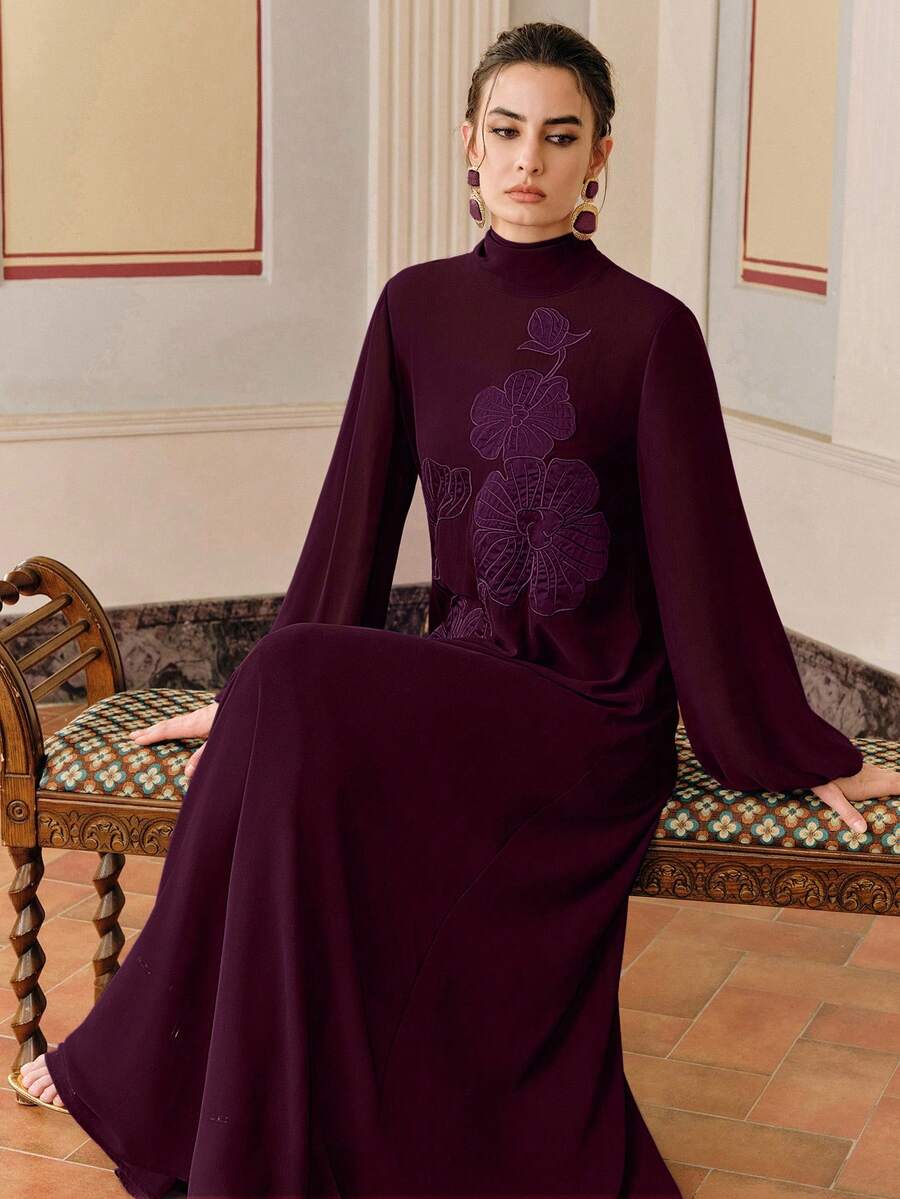 Anewsta Women's Long Dress, Middle Eastern Style Embroidered Robe Dress, Mother's Day Dress - Burgundy - View 1