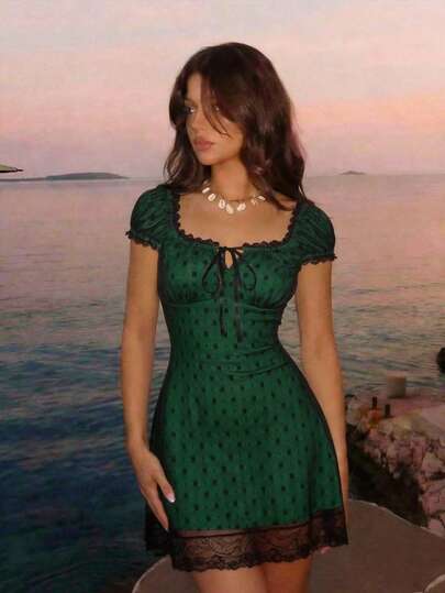 SHEIN MOD Women's Contrast Lace Front Tie Cap Sleeve Fashionable Dress,Suitable For Dates, Parties, Picnics, Holidays, Festivals, Birthdays, Vacations, Beaches, Country Music Festivals, Graduations, And Garden Afternoon Teas.,Summer Dresses For Women, Birthday Outfit,Summer Top Music Festival Outfits Women Trending Outfit For 2026 Yk Outfits Zoey Outfit Paris Outfits Women Summer Party Dress Wedding Party Dress