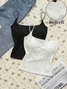 Attitoon 2pcs/Set Women's Backless Tight Camisole Set, Backless Camisole For Women's Summer Outfit,Summer Top - Multicolor - View 6