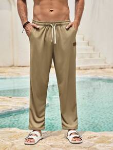 Mercer Haus Men Letter Patched Detail Drawstring Waist Sweatpants - Khaki - View 4