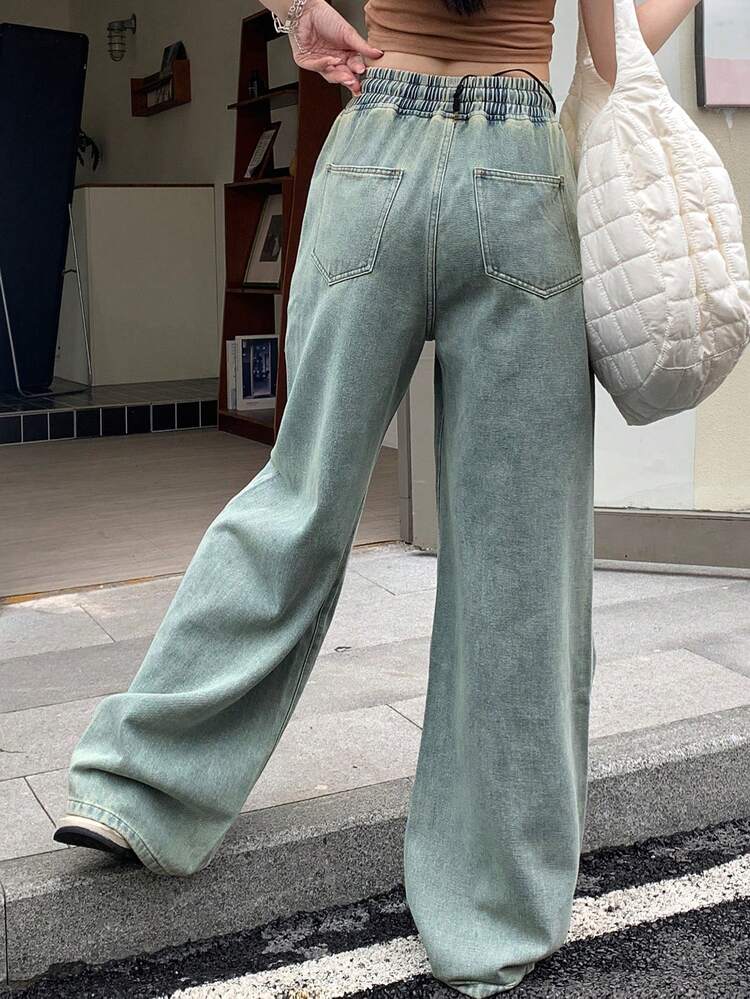 Women's Elastic Waist Drawstring Loose Straight Leg Jeans, Casual Pants