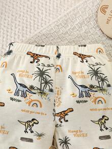 2pcs/Set Newborn Baby Boy Short Sleeve Outfit - Coconut Tree Decorated Top + Dinosaur Print Shorts, Soft & Comfortable Fabric, Casual Style, Refreshing Summer Wear, Versatile Newborn Set - Multicolor - View 4