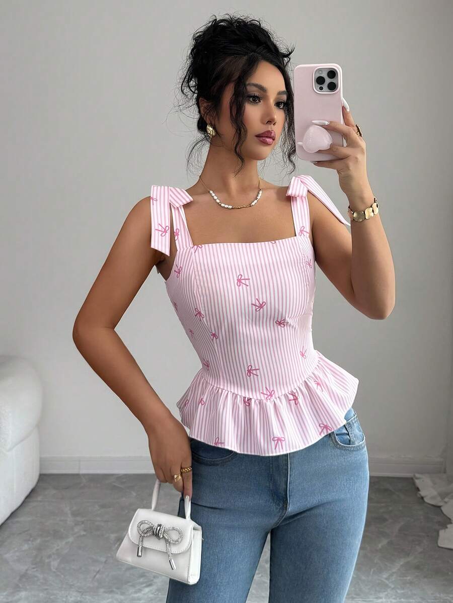 Elenzga Áo hai dây nữ mùa hè kiểu dáng thường ngày, kẻ sọc, nơ, buộc dây, xếp nếp. - Hồng - Xem 1