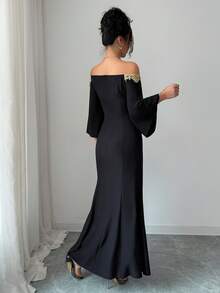 Elenzga Women's Elegant 3D Print Embroidered Off-Shoulder Fishtail Hem Dress - Black - View 2