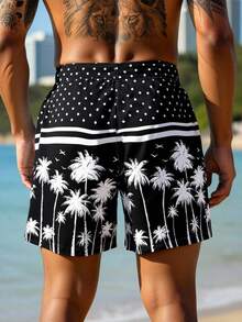 ZELFYO Men's Casual Polka Dot & Coconut Tree Print Beach Shorts - Black - View 2