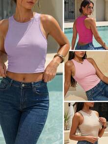 Swim Chiccia Women Plain Round Neck Sleeveless Simple Casual Top - Multicolor - View 1