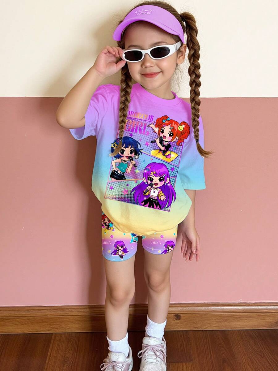 SHEIN 两件套:亮紫色韩流卡通少女肖像休闲简约圆领短袖T恤和喇叭裤,适合日常穿着 - 彩色 - 查看 1