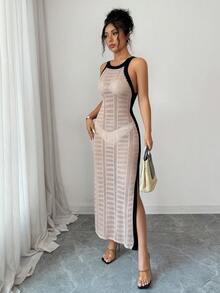 Elenzga 女士镂空针织无袖修身法式通勤长裙 - 卡其色 - 查看 4