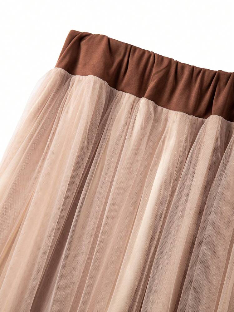 GlowEve CURVE Plus Size Women Elegant Mesh Patchwork Button Decor Casual Commuter Skirt, Autumn Women's Clothing, Club Party Elegant Maxi - Brown - View 5