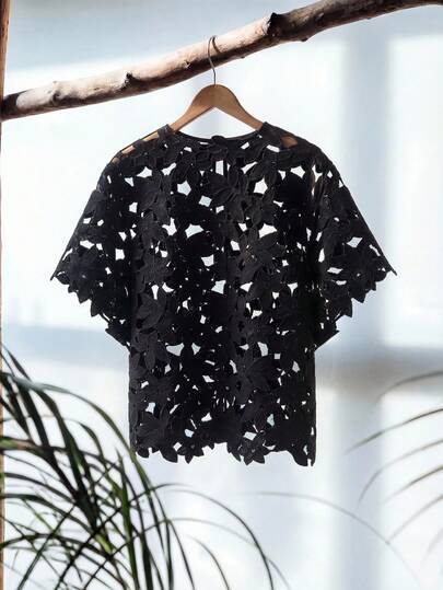 Zanirela Zanirela 女士镂空短袖透明上衣，简约时尚夏装