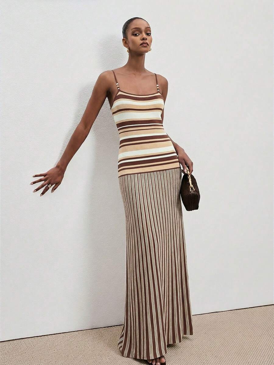 ATUI Studio Đầm dệt kim dây đeo vai đính hạt sọc dành cho nữ - Màu be - Xem 1