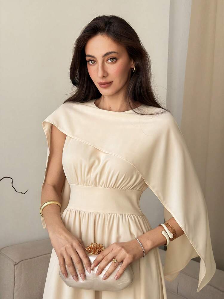 Women's Elegant Solid Color Asymmetric Ruffle Sleeve Mid-Length Dress, Summer Cocktail Dress