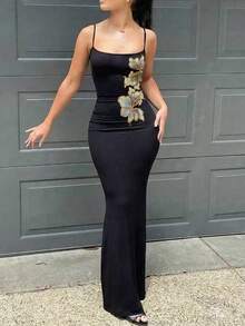 Rafferiza 黑色性感贴花细肩带针织修身紧身长裙，夏季女装 - 黑色 - 查看 1