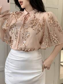 Feyla Plus Size Women Sequin Patchwork Casual Versatile Daily Wear Shirt - Baby Pink - View 1