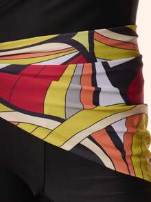 MUSERA 圆领褶皱露胸露背修身七分连体衣，配印花系带围巾细节，可爱春夏度假场合，伊比沙岛优雅柠檬水 - 黑色 - 查看 6