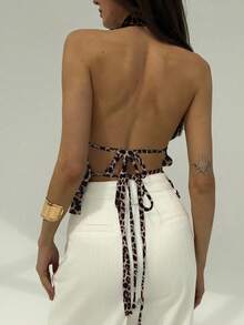 Aloruh 条纹深V领露背系带性感豹纹上衣，适合派对、优雅约会等场合 - 彩色 - 查看 2