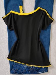 1pc Sweet & American Style Fitted Patchwork Contrast Color Floral Print T-Shirt With Lace Trim, Summer - Black - View 2