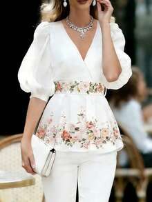 Balvessa 花卉印花收腰V领优雅短袖衬衫 - 白色 - 查看 5
