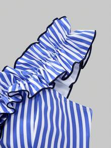 Swim Oasis Women's Vacation Ruffled One-Piece Swimsuit With Matching Cover-Up Skirt - Blue and White - View 9
