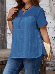 EMERY ROSE Plus Size Contrast Color Notched Neck Casual Short Sleeve Shirt - Blue - View 5
