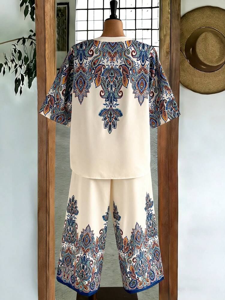 Plus Size Women's Summer Bohemian Style Printed Notch Neck Roll Tab Sleeve Loose Top And Wide Leg Pants Set,Women's Country Clothing ,Summer Holiday Outfits