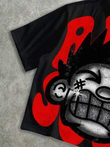 Manfinity ZONE917 男士休闲卡通印花圆领短袖T恤，日常百搭 - 黑色 - 查看 2