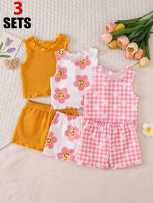 SHEIN Playful Pals Bộ 6 món cho bé gái 0-3 tuổi, kiểu dáng thường ngày, cơ bản, đi nghỉ mát, chất liệu vải dệt kim mềm mại, họa tiết sóng biển, gồm áo không tay và quần short, có 3 màu: màu mơ, xanh lá cây nhạt và đen. - Nhiều màu - Xem 8