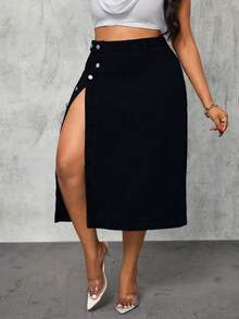 Slaydiva Plus Size Women's Cowgirl High Slit Sexy Denim Skirt, Fall For Women - Black - View 6