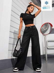 SHEIN PETITE 女款休閒日常水洗斜口袋寬鬆牛仔褲，適合嬌小女性 - 黑色 - 查看 6