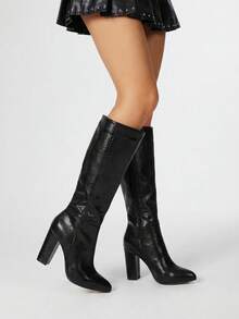 ROMWE Goth 2025 年秋冬搭配夹克，肯德尔风格修身方头高筒粗跟弹力马靴，适合女士，适合搭配开衫时尚毛衣、黑色靴子 - 黑色 - 查看 5