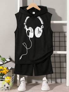 SHEIN Ensemble 2 pièces sweat-shirt à capuche ample avec graphique lettrage et short pour garçon préadolescent - Multicolore - Voir 1