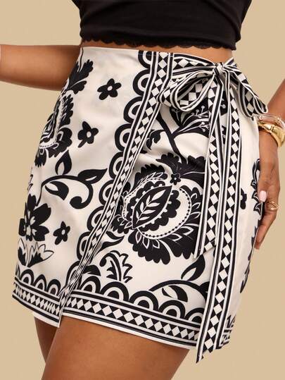 Travachic Plus Size Women Casual Retro Floral Wrap Mini Skirt