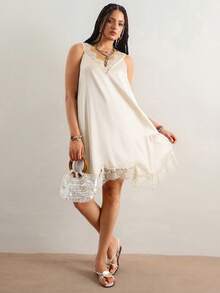 Freevana Vestido suelto sin mangas con cuello en V para mujer de talla grande, diseño asimétrico, unicolor, albaricoque, con ribete de encaje satinado, parches de encaje, sexy y cómodo, elegante para uso diario, vacaciones, primavera/verano - Albaricoque - Ver 6