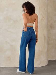 EURMUSE 女式高腰直筒牛仔裤 浅蓝色 - 中等水洗藍 - 查看 5