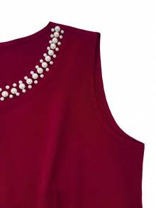 Elenzga Bộ jumpsuit không tay màu đỏ tía thanh lịch, mang phong cách Pháp cổ điển, thiết kế cao cấp, cổ tròn, đính hạt cườm, thắt eo và ống rộng giúp tôn dáng, kiểu dáng sang trọng và đẹp mắt, thích hợp mặc hàng ngày cho phụ nữ. - Màu Đỏ Sâu - Xem 4