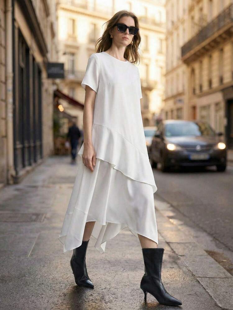 Women's Wrinkle-Resistant Satin Crepe And Comfortable Fabric Patchwork Design Round Neck Short Sleeve Asymmetric Hem Dress, Modern Urban Casual Business Commuter High-Quality Airport Outfit, High-End Fabric, Long Dress,Summer Dresses For Women
