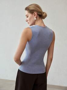 MOTF PREMIUM Áo tank top không tay cổ lệch vai xếp ly màu xanh dương, kiểu dáng ôm sát, thời trang, thích hợp cho mùa hè. - Màu xanh lam - Xem 4