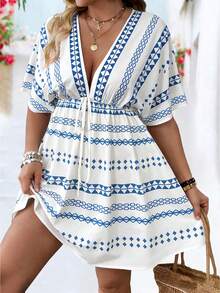 Breezaya 复古印花V领收腰袖连衣裙，春夏时尚 - 藍色 - 查看 3