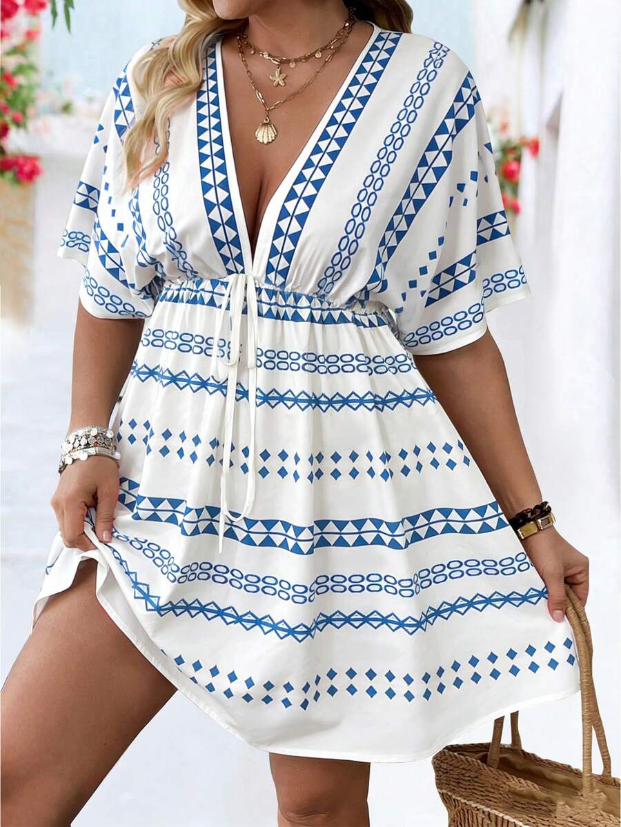 Breezaya 复古印花V领收腰袖连衣裙，春夏时尚 - 藍色 - 查看 1