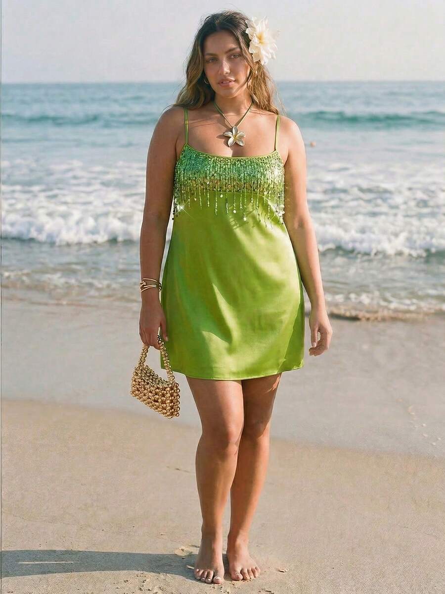 SHEIN BAE 大码女式亮片流苏设计休闲派对吊带裙 - 綠色 - 查看 1