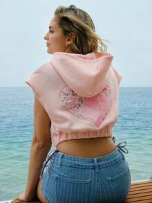 WESTFADE 拼接爱心宽松无袖连帽衫 - 粉色 - 查看 5