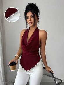 Elenzga Women's 2026 Spring/Summer New Draped Neck Ruched Backless Camisole - Burgundy - View 5