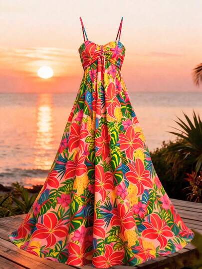 Franclia Vestido de tirantes finos para vacaciones de verano de las mujeres, vestido de tirantes finos con estampado tropical, vestido floral colorido bohemio, vestido floral tropical con espalda descubierta y cintura alta que estiliza la figura