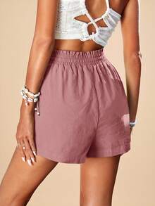 Travachic Women's Solid Color Dusty Pink Summer Shorts, Boho Drawstring Waist Vacation Holiday Casual Beach, Elegant Comfortable Spring Shorts - Watermelon Pink - View 2