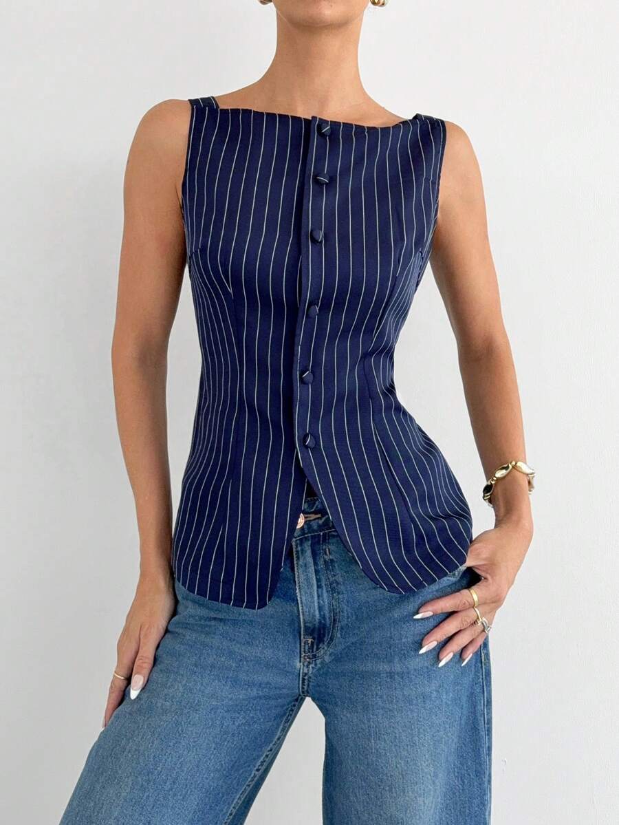 Siren Gaze 女士夏季通勤条纹无袖纽扣衬衫 - 藏蓝色 - 查看 1
