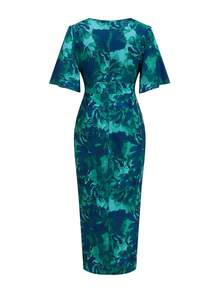 Ellevyn Women's Elegant Green Floral V-Neck Fitted Midi Dress,Summmer Ruffle Hem Flutter Sleeve,Dining Party Wedding Guest Emerald Green Vacation Outfit - Gray green - View 2