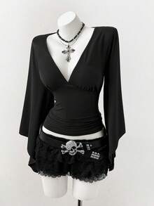 SHEIN CURVE+ Áo thun ôm sát gợi cảm tay loe bất đối xứng cổ chữ V sâu, cỡ lớn - màu đen - Xem 4