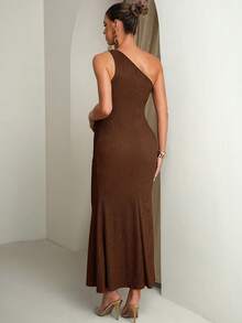MaterniChic Elegant Solid Color One-Shoulder Mermaid Maternity Dress For Summer - Coffee Brown - View 2