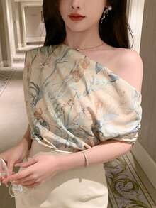 DAZY Áo thun nữ in hoa, kiểu dáng thường ngày, đa năng, vai lệch. - Nhiều màu - Xem 1